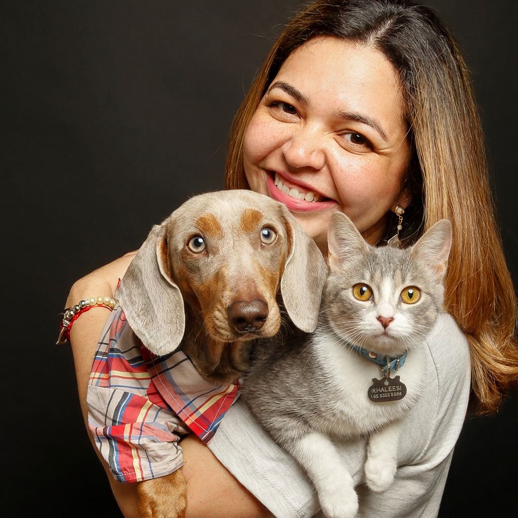 Luimar sonriendo a cámara mientras sostiene a Tyrion, un perro salchicha con camisa a cuadros, y a Khaleesi, una gata gris y blanca con collar y chapita con su nombre